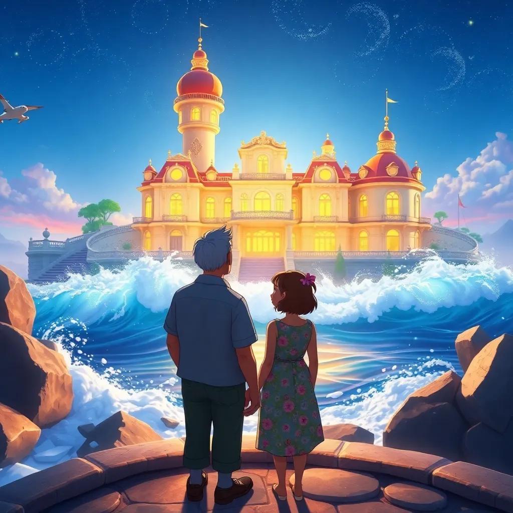 A grand mansion by the sea, sparkling and bright, with waves crashing nearby while Fred and Lily admire the view, colorful, bright light, joyful perspective, high quality