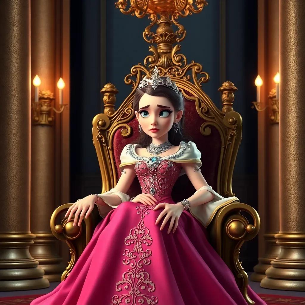 Lily dressed as a queen in a beautiful royal gown and shiny jewels, seated on a throne inside the mansion, looking dissatisfied, digital art, luxurious colors, dramatic lighting, high quality