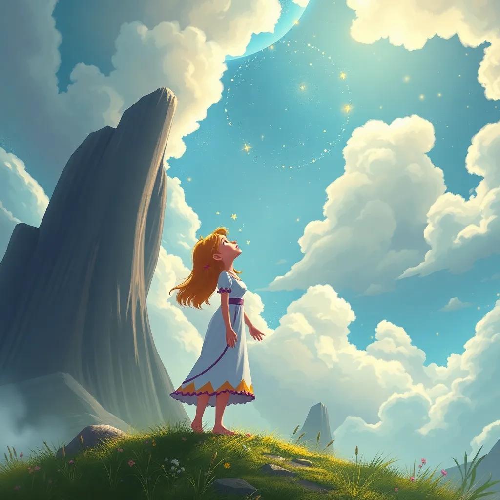 A fantasy scene where Lily stands grand and tall, shouting into the sky while clouds and stars swirl around her, digital illustration, mystical light, whimsical atmosphere, high quality
