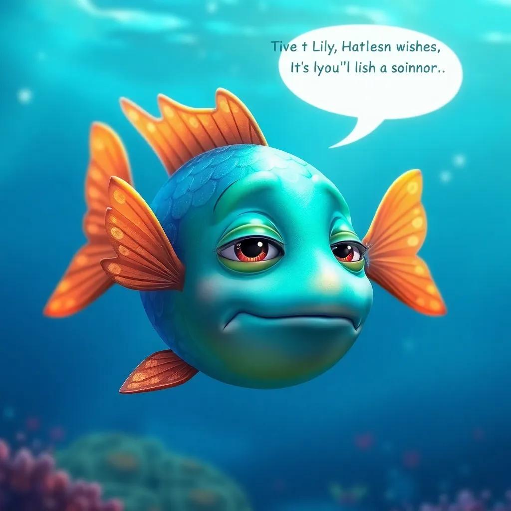 The fish, a magical creature with enchanting scales, swimming in the ocean with a tired expression as it listens to Lily's endless wishes, colorful, vibrant underwater scene, high quality