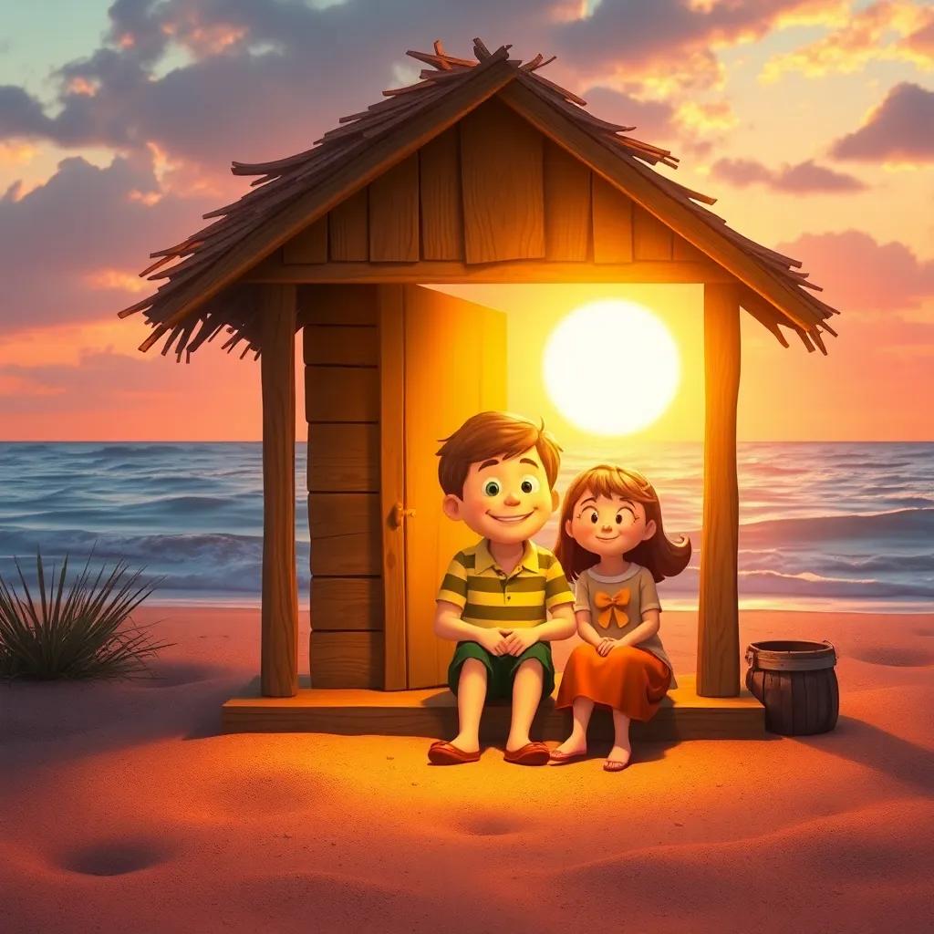 A small shack on the beach where Fred and Lily sit together, smiling and happy, with the sunset casting a warm glow around them, heartwarming, rich colors, cozy atmosphere, high quality