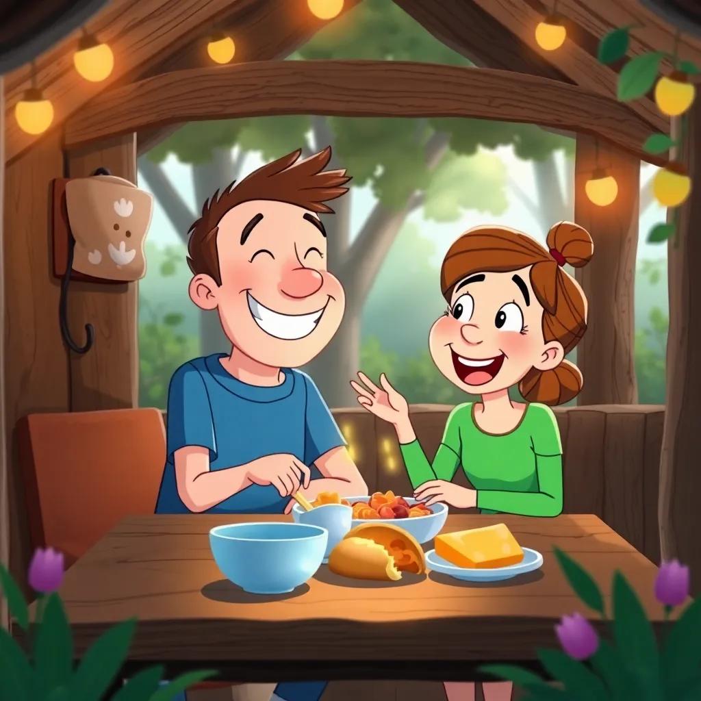 Fred and Lily enjoying a simple meal together in their shack, surrounded by nature, laughter and joy in their eyes, illustration, cheerful colors, heartwarming display, high quality