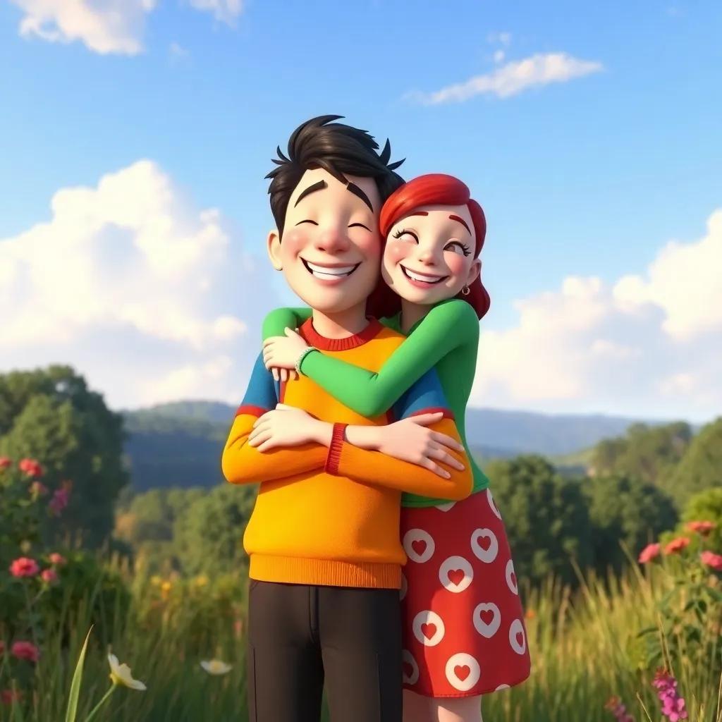 Fred and Lily embracing each other happily, with a background of nature and a clear sky, symbolizing their love and contentment, vibrant, cheerful colors, uplifting scene, high quality