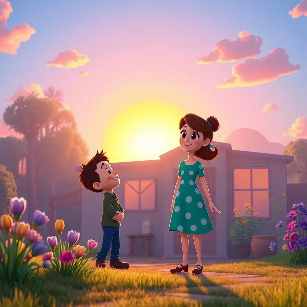 A beautiful sunrise bringing light to Fred and Lily's new beginning in their humble home, a gentle breeze flowing through, inspiring hope and happiness, colorful, peaceful atmosphere, high quality