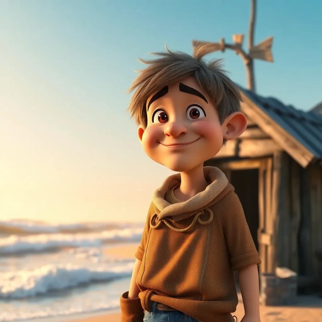 A poor fisherman named Jack, with worn-out fishing clothes and tousled hair, standing by a simple wooden hut at the beach, with glowing waves and a clear blue sky, digital art, cheerful colors, inviting atmosphere, high quality
