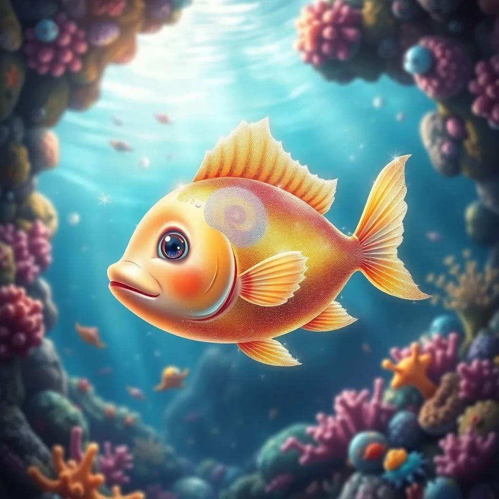 A magical fish swimming in the ocean, shimmering with golden scales and sparkling fins, surrounded by colorful coral and sea creatures, digital painting, vibrant colors, whimsical feel, high quality