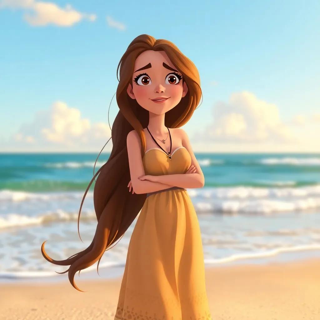 Jack's wife, Lina, with long flowing hair, wearing a simple dress, eagerly awaiting Jack's return, standing on the beach with anticipation in her eyes, illustration, bright colors, warm and inviting, high quality
