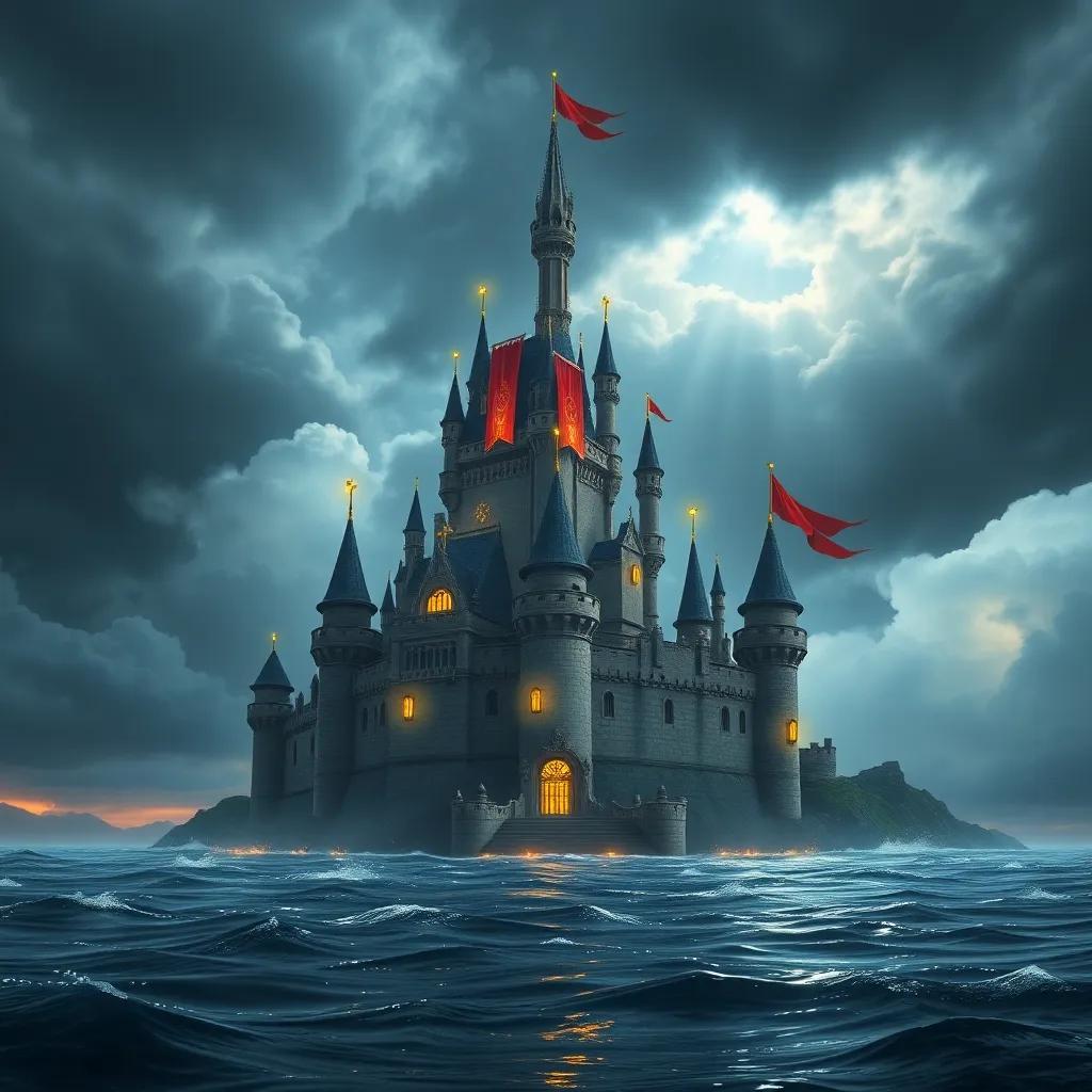 A grand castle on the shore, sparkling with jewels and bright banners, set against a stormy sky, symbolizing power and greed, digital art, dramatic colors, high quality