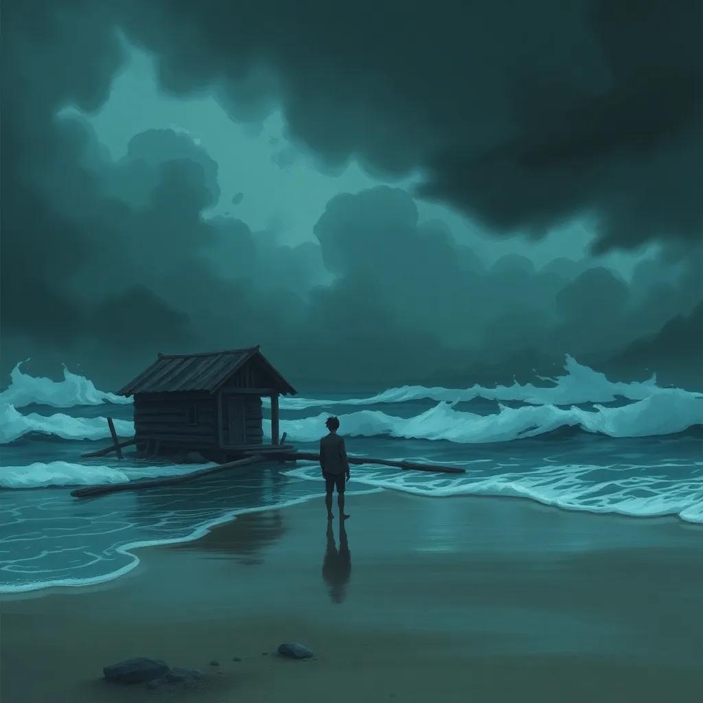 A stormy sea with Jack standing alone on the beach, looking lost and sad, surrounded by the remnants of his dreams and the old hut, illustration, somber colors, emotional atmosphere, high quality