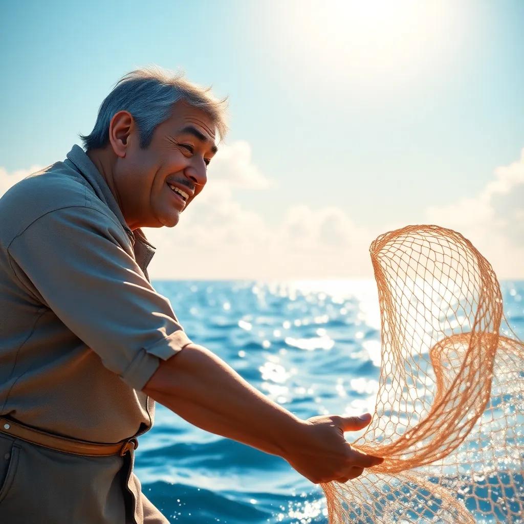 A kind fisherman, a middle-aged man with tanned skin and simple clothes, casting a net into the sparkling sea under a sunny sky, cheerful ambiance, digital art, vibrant colors, high quality