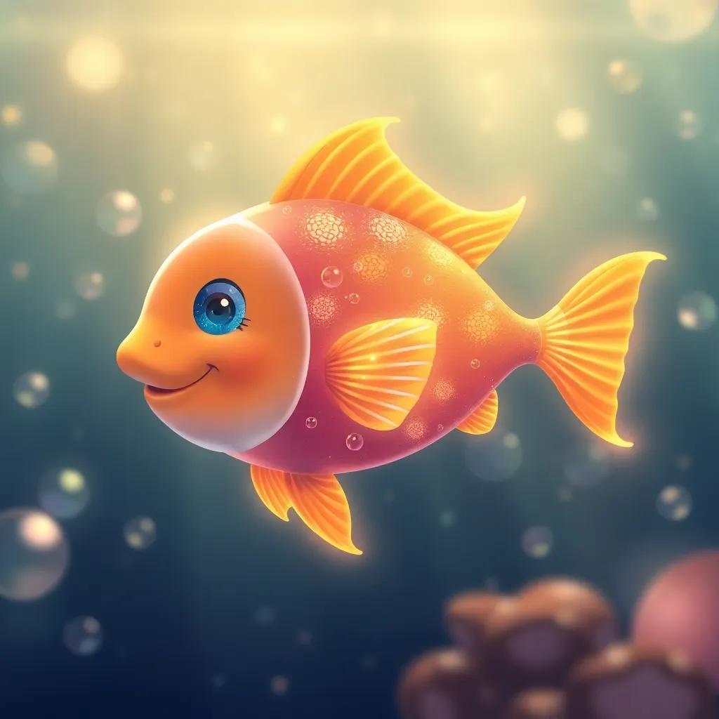 The magical fish, a glowing fish with radiant scales, swimming in the sea, surrounded by bubbles and sparkling light, enchanting atmosphere, illustration, child-friendly, bright colors