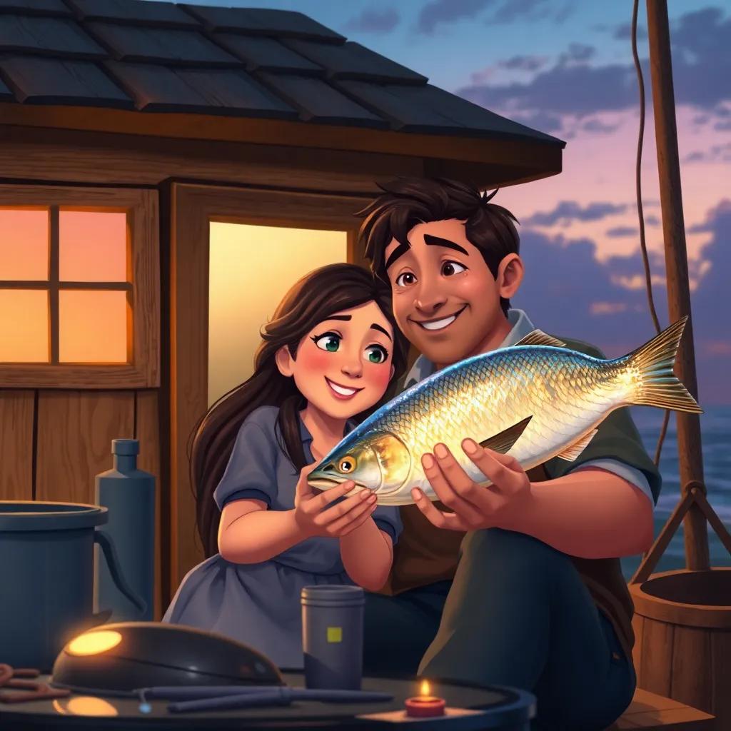 The fisherman and his wife, a young woman with long hair, in a modest house by the sea, both smiling and looking at a shimmering fish, cozy evening scene, detailed, warm colors, inviting