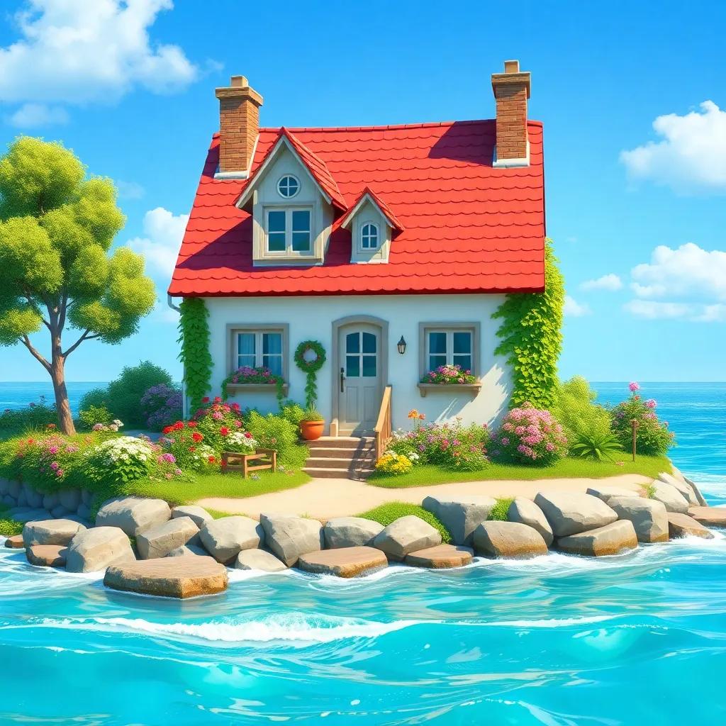 The beautiful house, a quaint cottage with flowered gardens, on the edge of the sea, under a bright blue sky, cheerful and happy setting, art, bright colors, uplifting