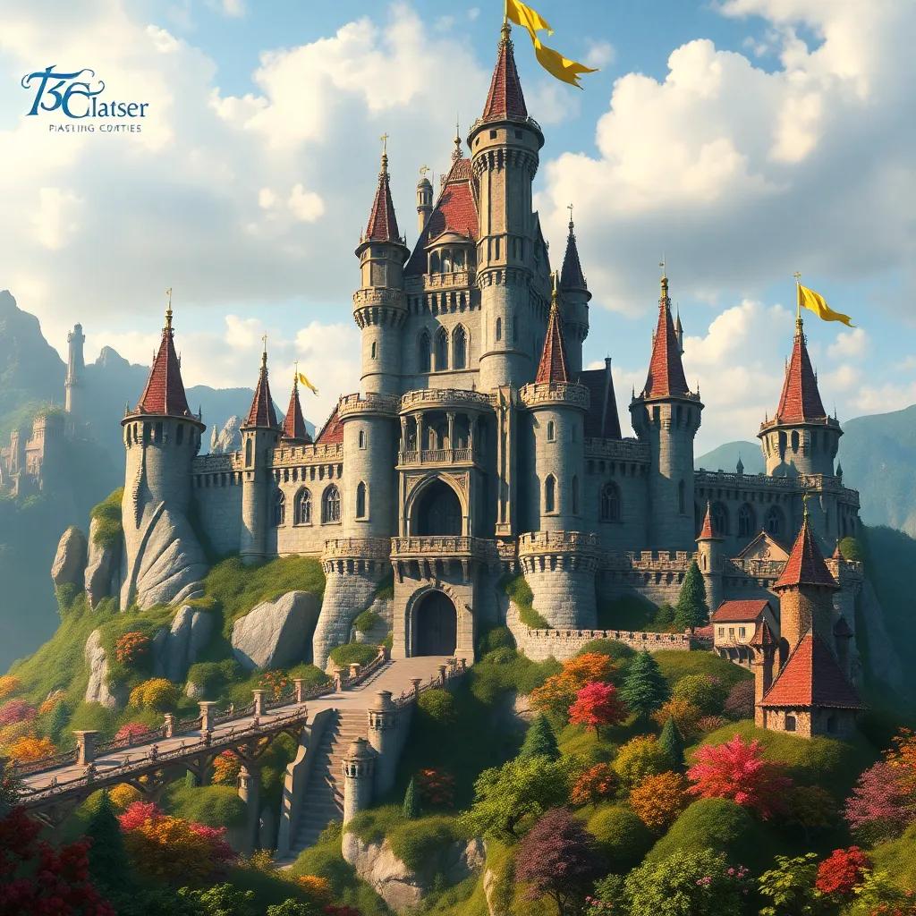 The grand castle, tall and majestic, made of stone with golden banners, overlooking a lush kingdom, filled with vibrant colors, fantasy art, grand and majestic