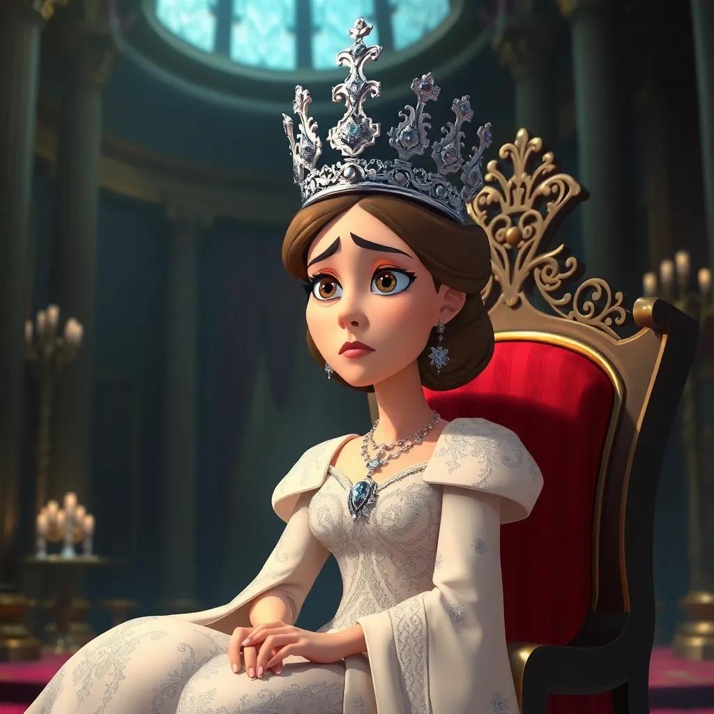 The wife as a queen, wearing a sparkling crown and elegant gown, sitting on a throne in a magnificent hall, looking dissatisfied and upset, detailed illustration, rich colors, dramatic lighting