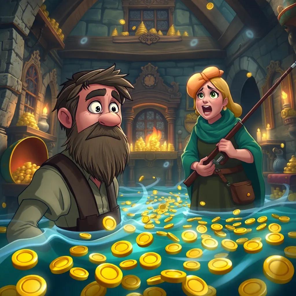 The fisherman looking worried, his wife shouting in a castle room full of treasures, gold coins spilling everywhere, the atmosphere tense and chaotic, digital art, high quality