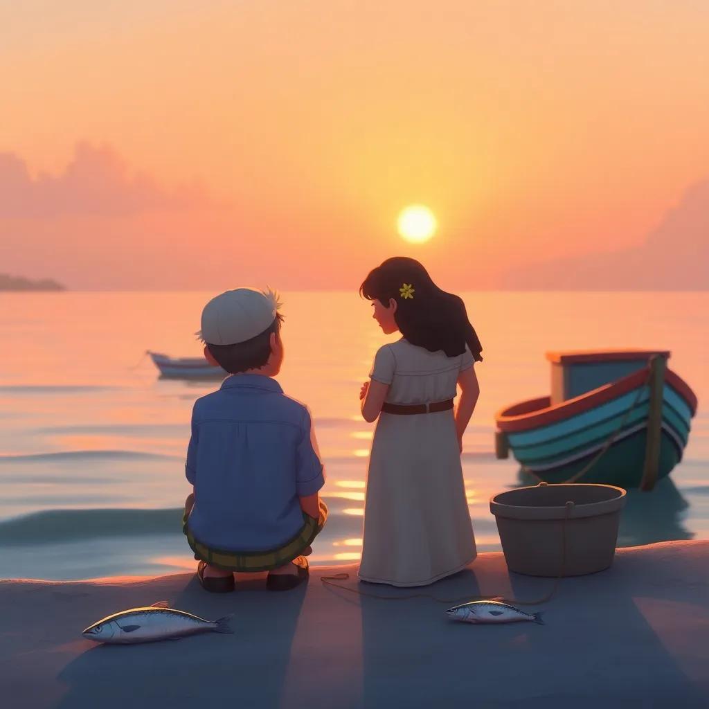 Back at the shore, the fisherman and his wife looking relieved and happy, surrounded by simple things they love, such as fish and a small boat, warm sunset light, heartwarming atmosphere, digital illustration