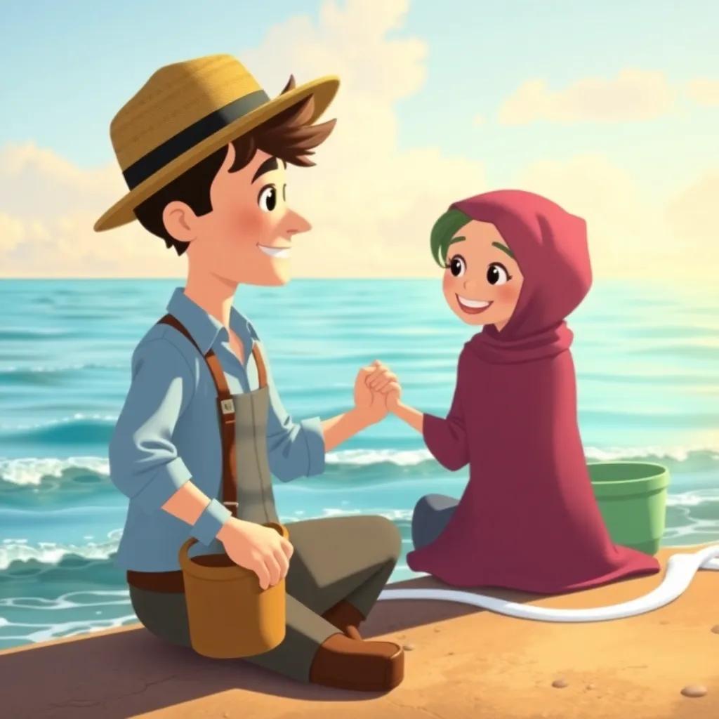 The fisherman and his wife appreciating their simple life, sitting near the sea, holding hands with waves gently lapping at the shore, serene and peaceful setting, childhood-friendly, bright happy colors