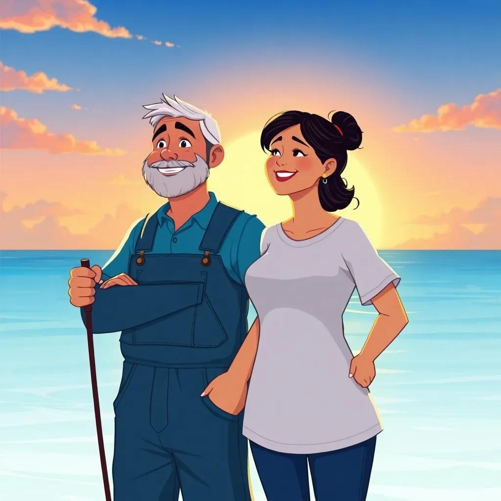 The fisherman with a grateful smile, standing next to his wife, both looking towards the horizon, ready for a new day, joyful and hopeful vibes, beautiful sunset in the background, colorful illustration