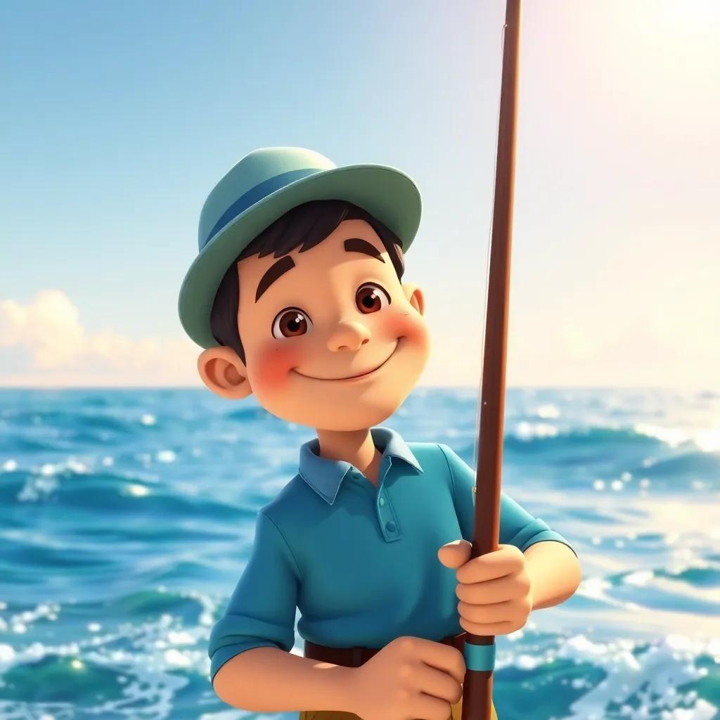 A kind fisherman, with a gentle smile, standing by the sparkling sea holding a fishing rod, bright sunshine, colorful waves, cheerful atmosphere, digital art, high quality