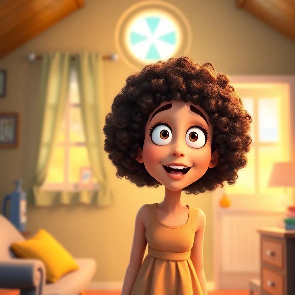 A surprised wife, with curly hair wearing a simple dress, in their cozy little house, her eyes wide with excitement, bright colors, warm light, joyful expression