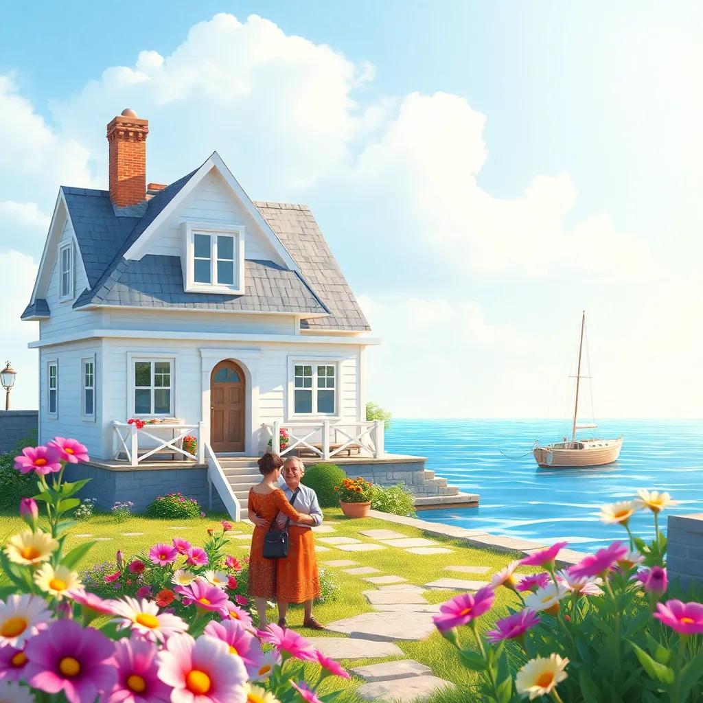 A beautiful big house by the sea, with flowers in the garden, the fisherman and his wife happily looking at it, sunny day, vibrant colors, inviting scene
