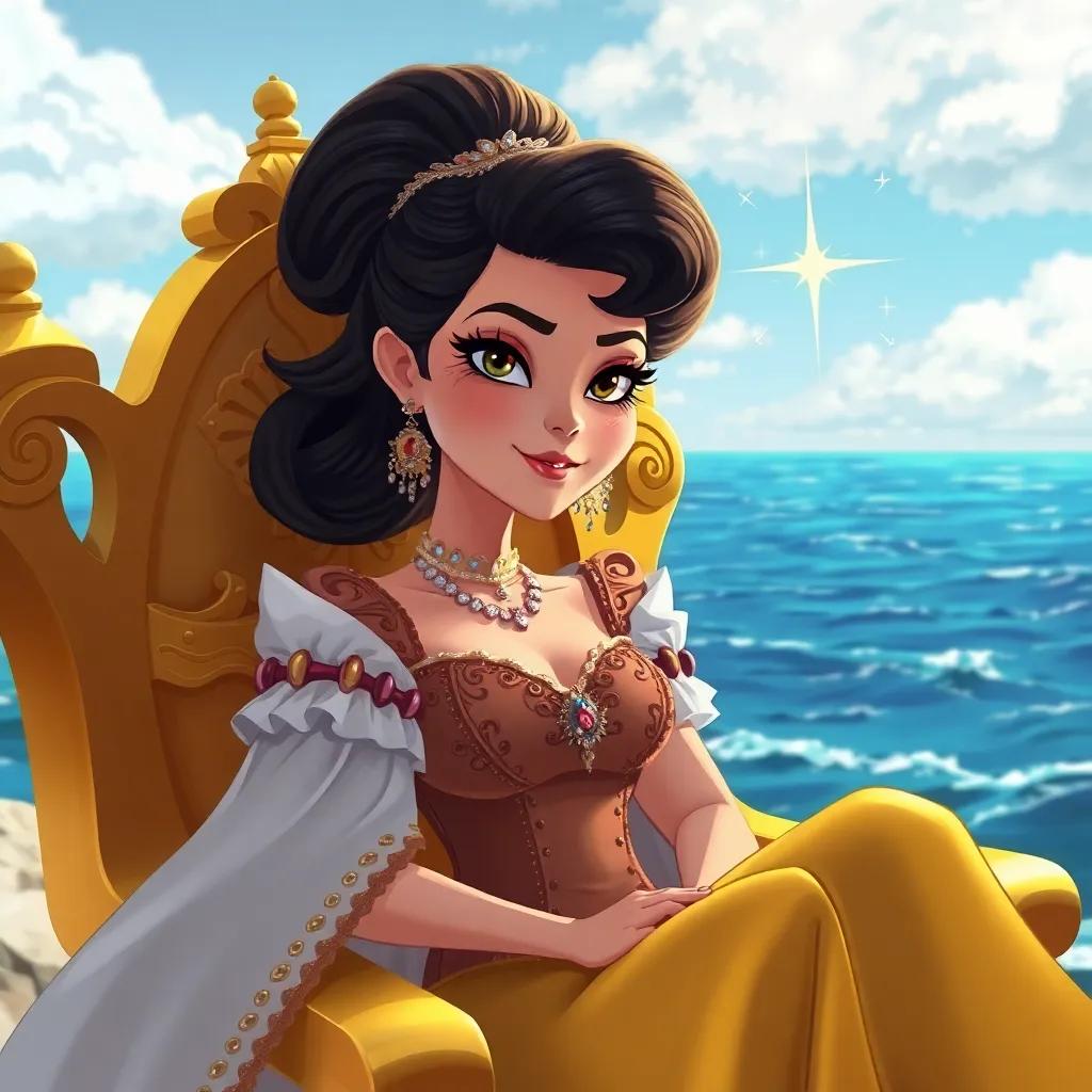 A woman in fancy clothes, sitting on a golden throne, looking proud, with the sea behind her, but her face shows greed, magical sparkle in the air, detailed illustration