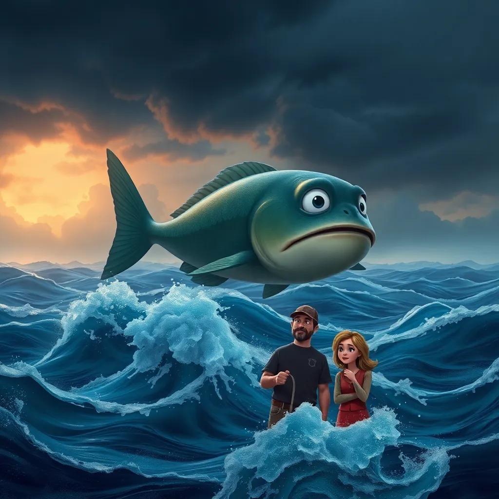 A raging sea with dark skies, a sad magical fish jumping above the water, the fisherman and wife looking worried, dramatic colors, tension in the atmosphere, high quality