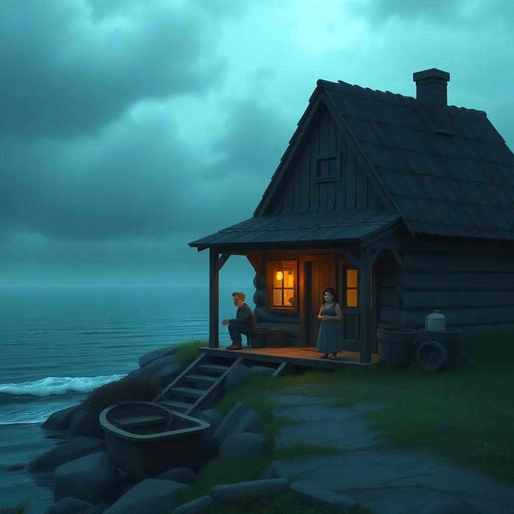 A small house by the sea, with the fisherman and his wife looking sad and confused, no grand wishes around them, moody colors, heartwarming scene