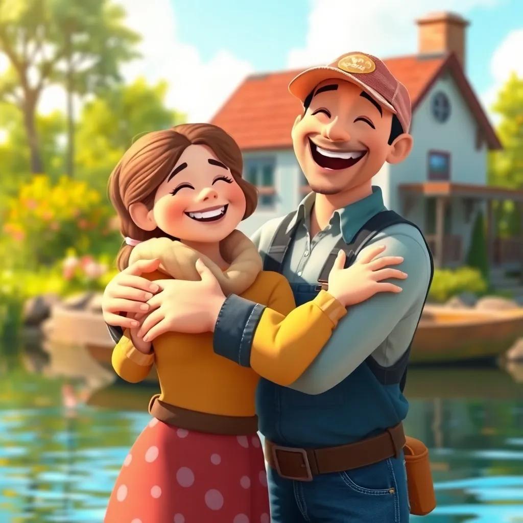 A joyful fisherman and wife hugging each other, surrounded by nature, their little house in the background, bright colors, a sense of peace and contentment, uplifting