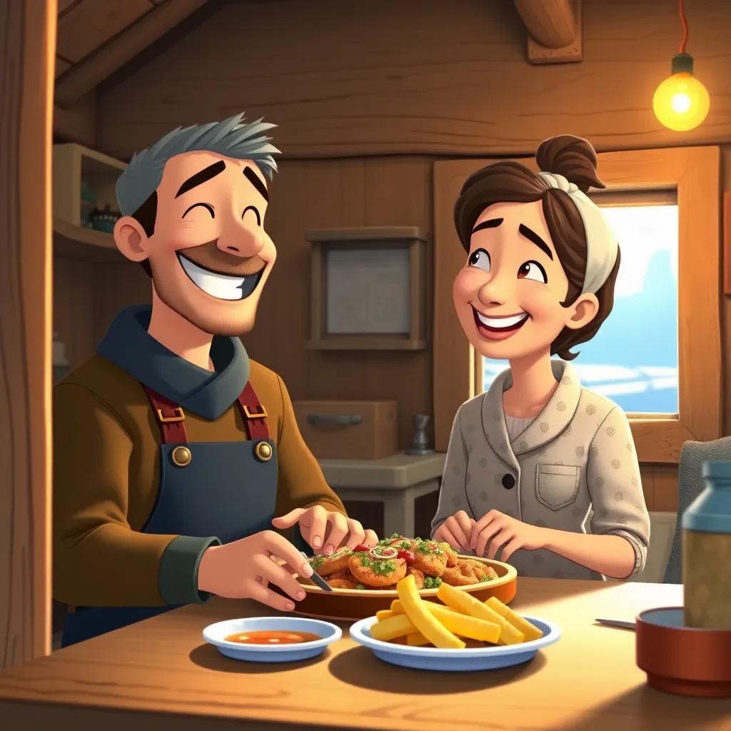 A cheerful fisherman and his wife smiling, sharing a simple meal in their cozy house, with warm light filling the room, happy mood, heartwarming