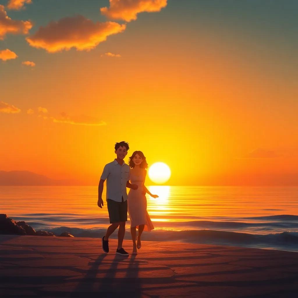 A beautiful sunset over the sea, the fisherman and his wife walking hand in hand, looking content, warm orange and yellow hues, serene atmosphere, joyful