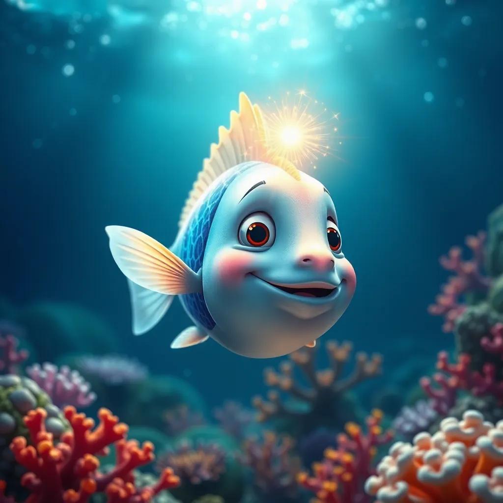 A magical fish swimming in the waves, looking wise and radiant, surrounded by sparkling water, colorful corals, enchanting details, high quality
