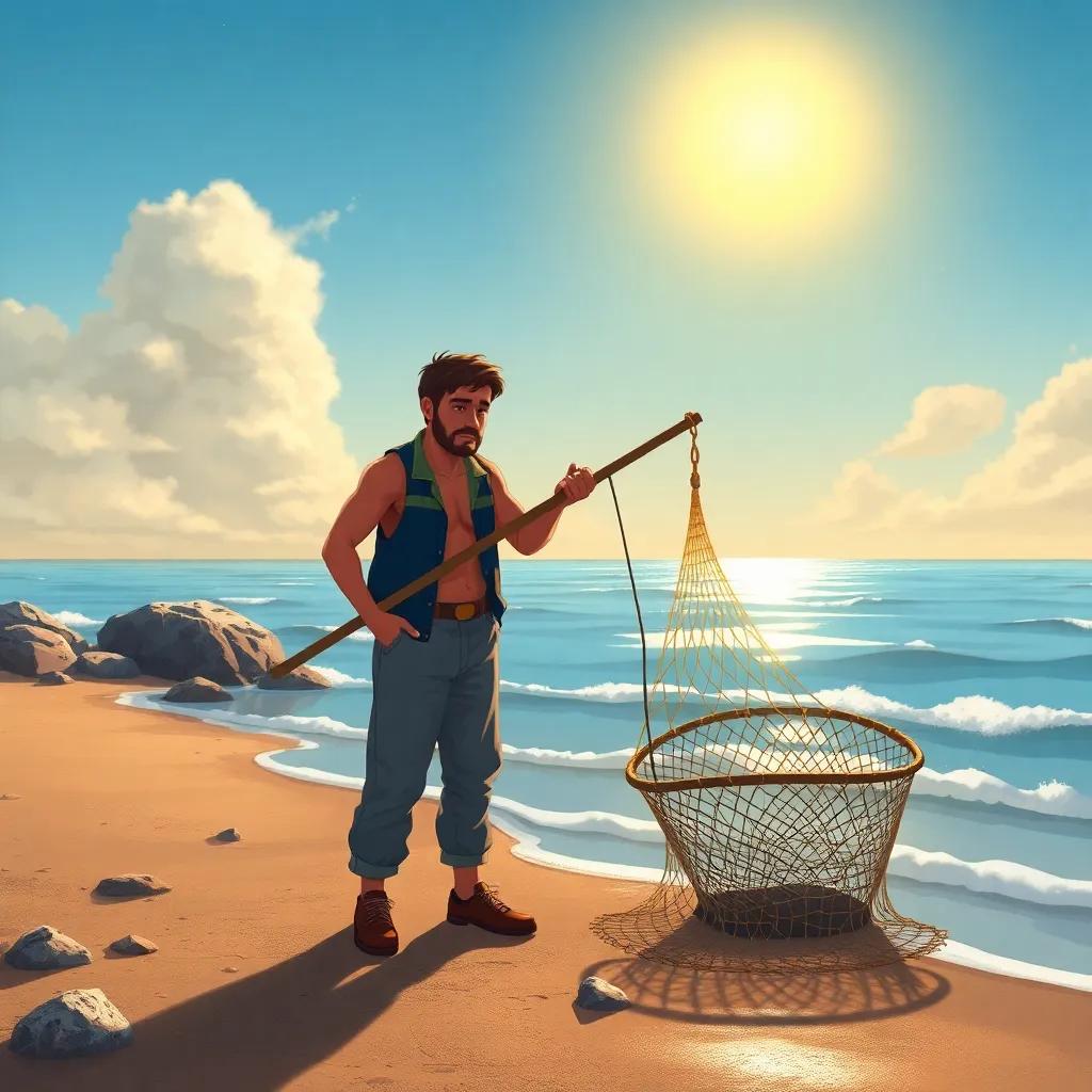 A kind fisherman standing on the shore, looking sad with an empty fishing net, bright sun shining above, feeling hopeful, detailed illustration, warm colors, inviting scene, high quality