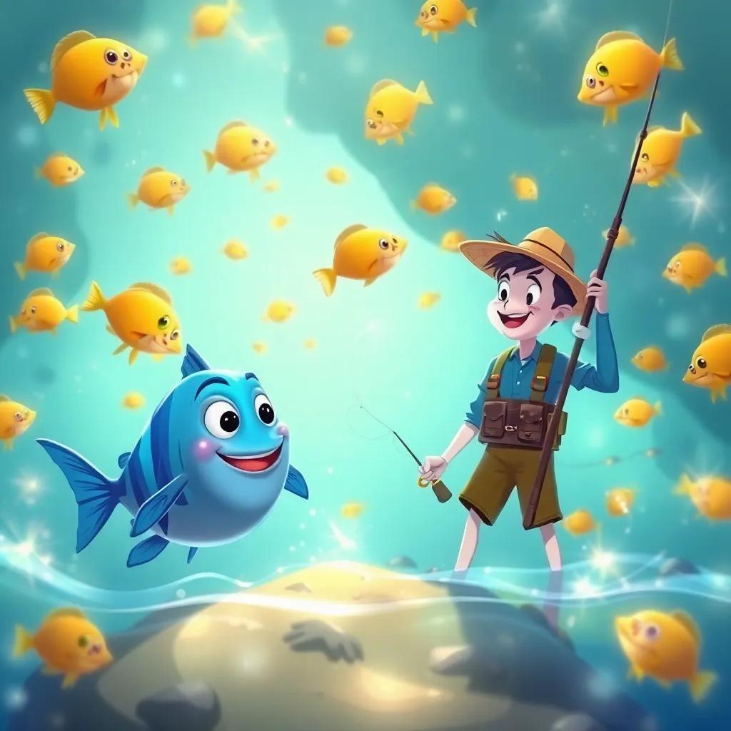 Finn the fish guiding the fisherman to a secret fishing spot filled with jumping fish, sparkling water all around, cheerful expressions, friendly environment, lively art style, high quality