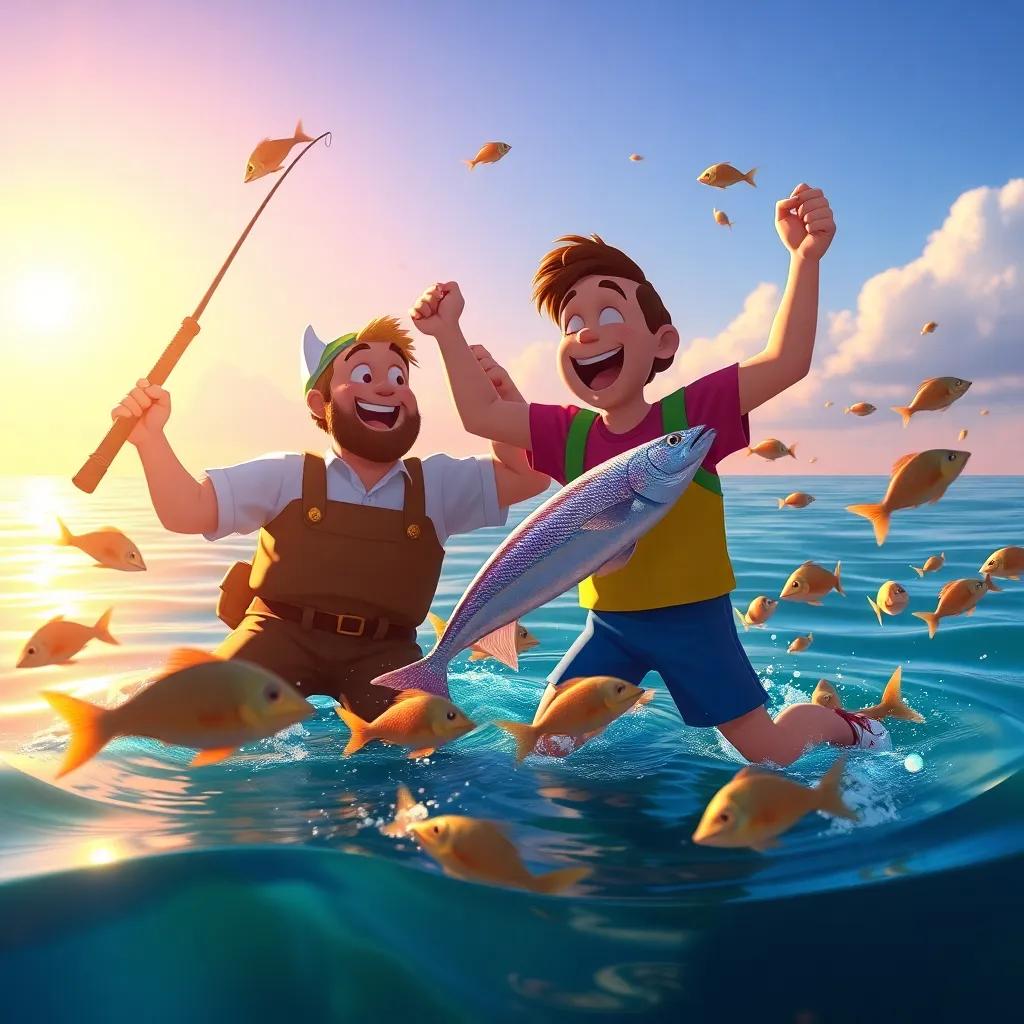 The fisherman and Finn celebrating a big catch, dancing in the water, fish jumping around them, joyful moment with sun rays, colorful scene, vibrant art, high quality