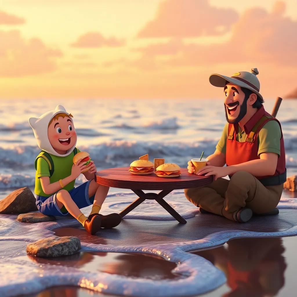 Finn and the fisherman sharing fish sandwiches on the shore, with waves lapping at their feet, laughter and smiles all around, warm sunset colors, cozy atmosphere, high quality