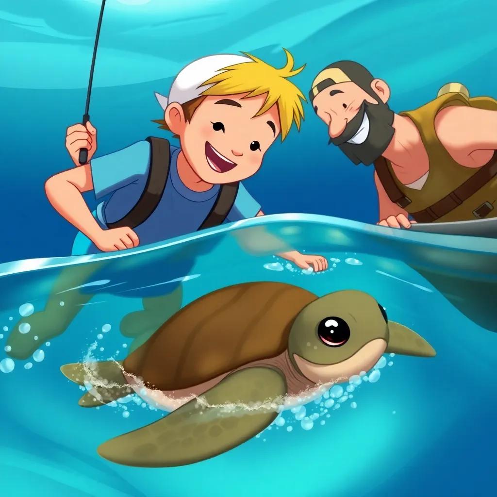 Finn and the fisherman working together finding a lost baby turtle in the ocean, Finn swimming beside the turtle and the fisherman smiling, caring scene, detailed illustration, warm colors, high quality