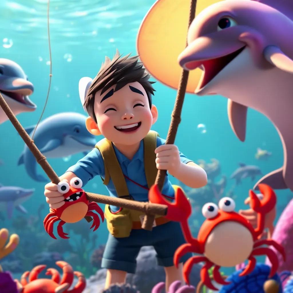 Finn and the fisherman playing with ocean friends like dolphins and crabs during a fishing competition, everyone laughing and having fun, colorful underwater scene, festive atmosphere, high quality