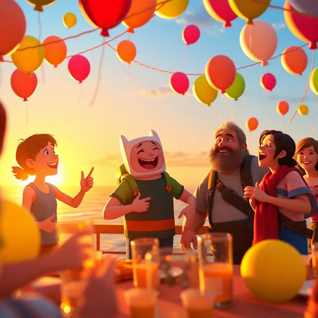 Finn and the fisherman celebrating with their friends, the sun setting in the background, colorful balloons and laughter all around, beautiful warm light, joyful scene, high quality