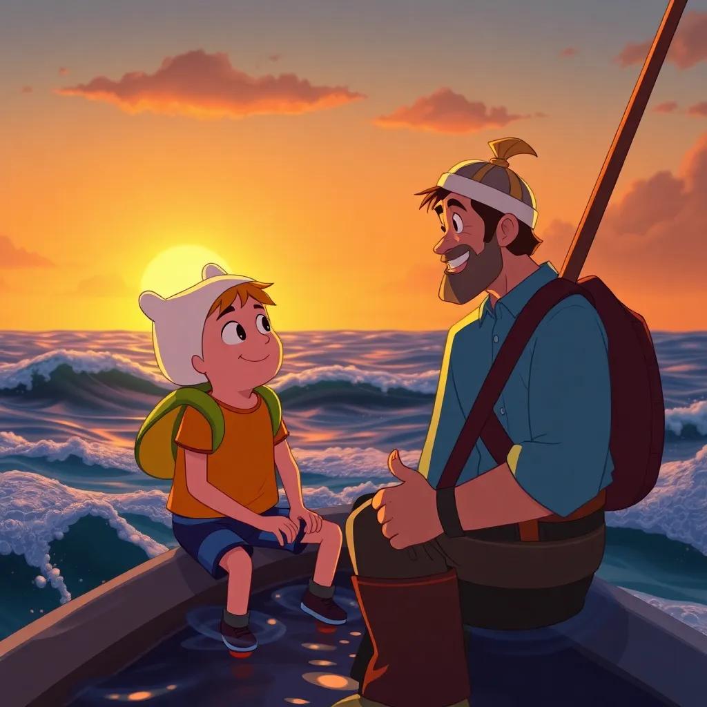 Finn and the fisherman sharing their adventures as the sun sets, waves gently crashing, both smiling and looking at each other, friendship theme, warm sunset colors, heartwarming view, high quality