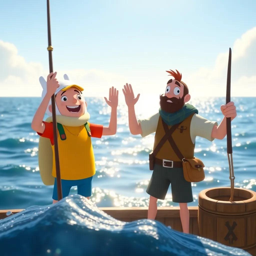 Finn and the fisherman waving at each other, promising more adventures ahead, with the ocean in the background sparkling under the sun, cheerful mood, bright atmosphere, high quality