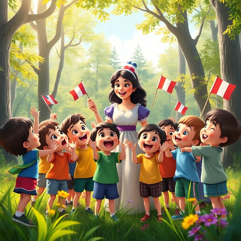 A group of excited children gathered around Mrs. White in a sunny forest, with flags around them, joyful expressions, vibrant nature, cheerful atmosphere, digital art, colorful, high quality