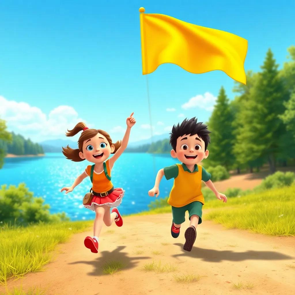 Lucy and Austin running joyfully towards a sparkling lake, bright yellow flag waving, surrounded by green trees and blue sky, cheerful, adventure-themed, bright colors