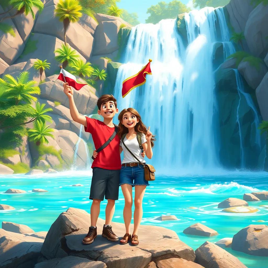 Jose and Sarah near a beautiful waterfall, water cascading down rocks, Jose holding a flag, excited expressions, nature background, vibrant art style, lively
