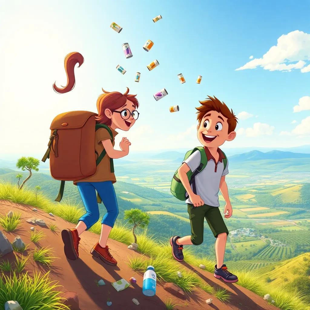 Sarah and Jose climbing a hill, trash floating down from Sarah's open backpack, beautiful panoramic view from the top, lighthearted, playful tone, detailed