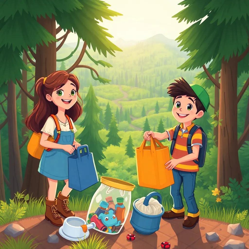 Sarah and Jose collecting trash at the top of the hill, with a scenic view of the forest, teamwork spirit, joyful expressions, colorful nature, warm light, charming illustration