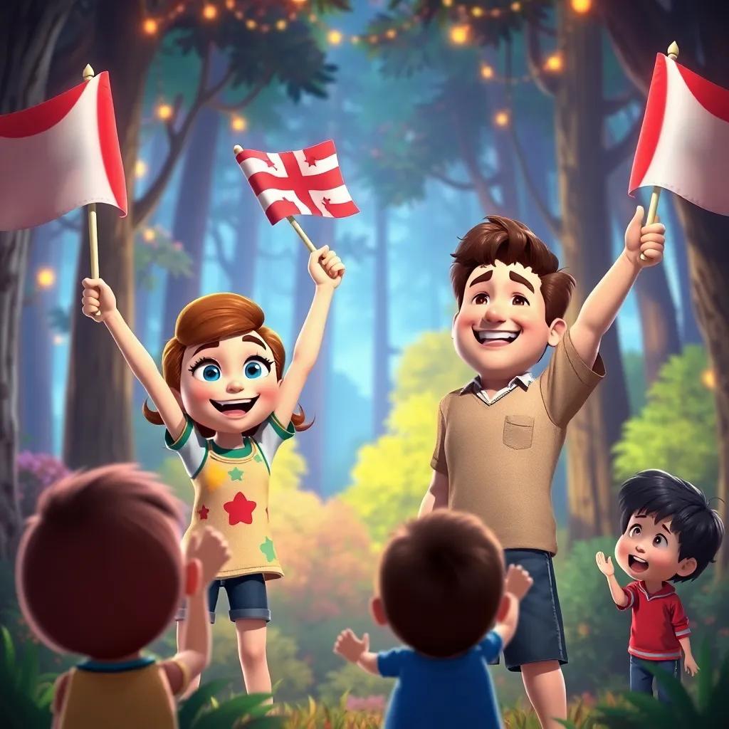 Lucy and Austin celebrating their victory with flags, Mrs. White smiling proudly, children cheering, colorful forest background, festive atmosphere, engaging digital art