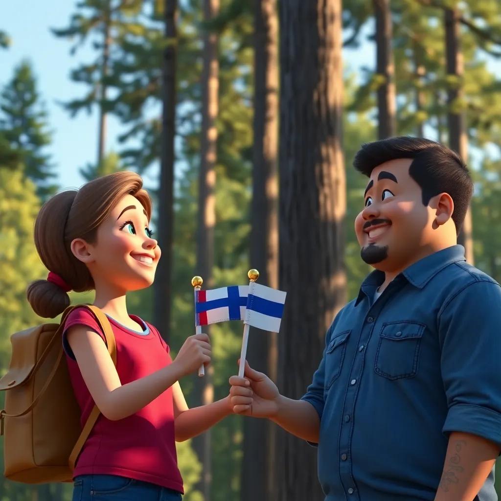 Lucy offering one of her flags to Sarah and Jose, heartwarming moment, smiles all around, tall trees as background, joyful connection, rich colors