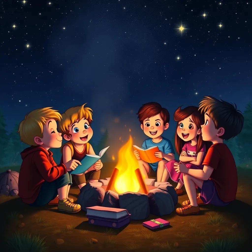 Children sitting around a campfire under twinkling stars, sharing stories and laughter, warm light from fire, excited expressions, cozy setting, fantasy vibe, enchanting